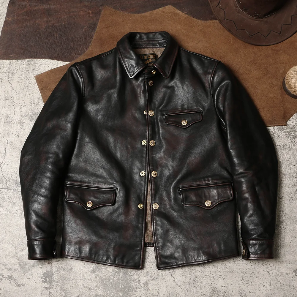 Riding Jacket Leather - YR! Бесплатная доставка. Мужская темно-коричневая винтажная